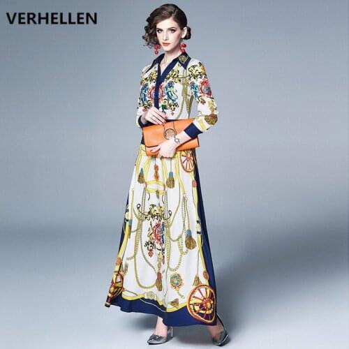 VERHELLEN High Quality Fashion Designer Runway Maxi Dress 2019 Autumn Womens Long Sleeve Holiday Printed Vintage Long Dress