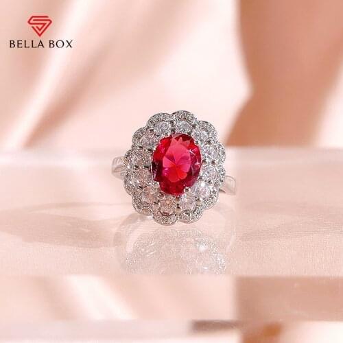 BELLA BOX Luxury Women Silver Ring With Ruby Oval Shape Gemstones Female Charm Finger Jewelry Wedding Engagement Gift Wholesale