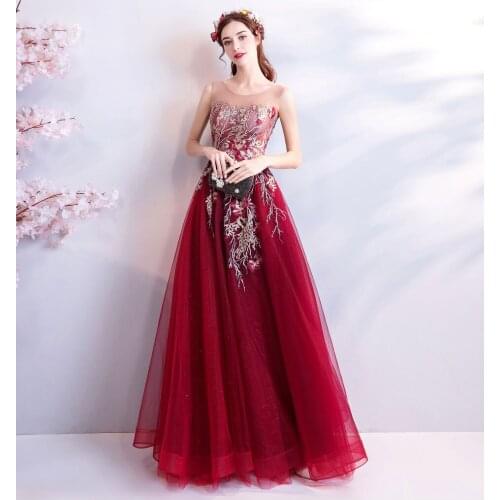 Sexy Red Elegant Floor Length Prom Dresses 2019 Embroidery Applique Women Beads A Line Evening Party Dress With Corest Back