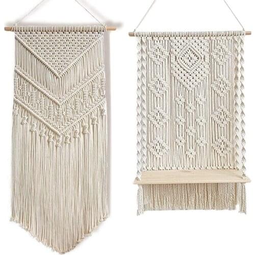 2 Piece Set of Macrame Wall Hanging Shelf for Plants + Large Wall Hanging Boho Bedroom Decor Plant Shelves Decorations