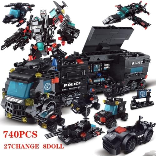 740pcs Building Blocks ingLYs City Swat Team Police Station Transport Car Truck Transformation Robot Bricks Kid Toy Model