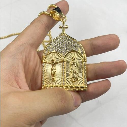 Jesus Heavenly Father Mother Holy Family Pendant with rhinestone Catholic Necklace Christian Accessories Vintage Necklace
