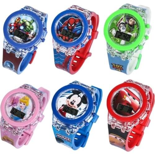Disney Cartoons Mickey Spiderman Frozen Childrens watch led flash quartz watch student Cartoons Silicone watch Watch Toy gift
