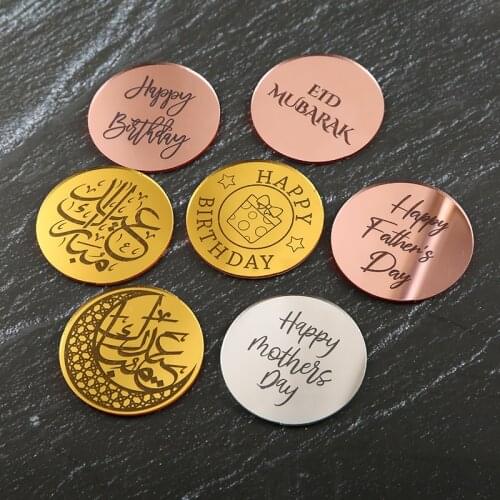 Happy Birthday Mirror Cake Charm,Personalized Mirror Acrylic Gift Tags, Eid Mubarak Tag,Engraved Charms,Gift Tag,Cupcake Toppers