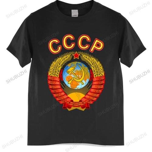 Tshirt men cotton tops Russian Graphic Cotton Red T-Shirt With Ussr Emblem And Anthem Black men t shirt euro size