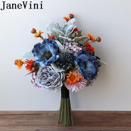 JaneVini Vintage Deep Blue Bouquet for Brides Bridesmaid Artificial Peony Rose Bridal Silk Flower Small Wedding Bouquet Boeket