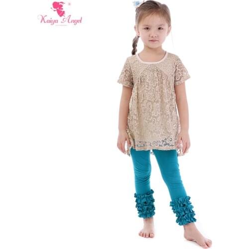 Kaiya Angel Hot Sales Fashion Boutique Outfits Flower Mesh Tops Blue Tights Pants Children Girls Spring Summer Autumn Suit Set