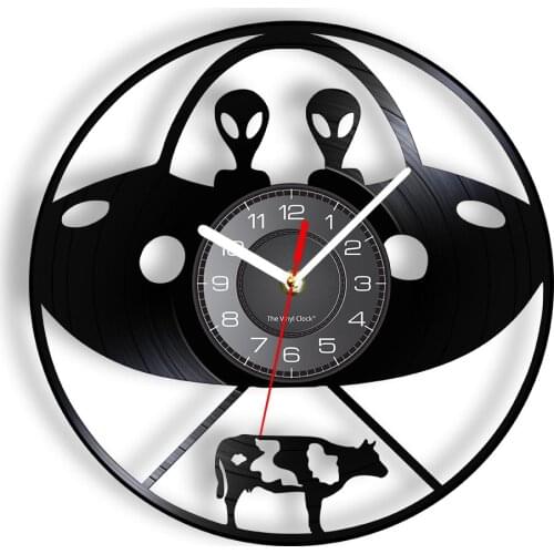 Flying Saucer Vinyl LP Wall Clock UFO Aliens Light Beam Transmit The Cow Sci-Fic Scene LED Lighting Timepiece Whimsical Pop Art