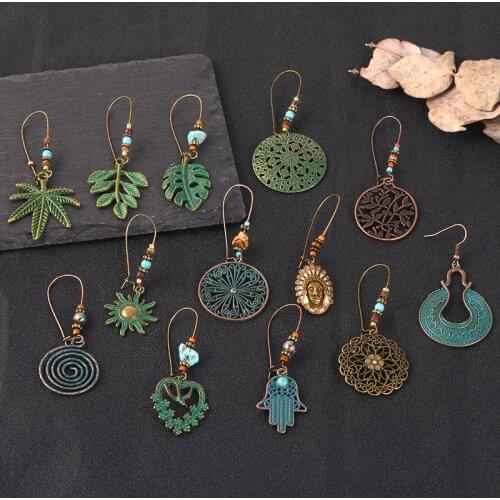 Copper green leaf Ethnic dangle Earrings Boho Round Hollow drop Earrings Women Earrings Jewelry For party gifts Wholesale