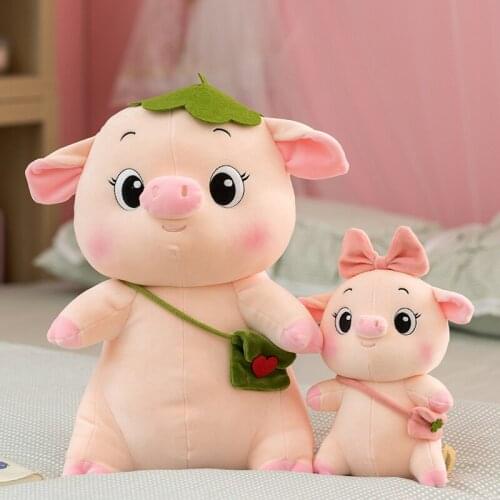 Cute Fat Pink Pig Plush Toy Pink Bow Dressing Girl Piggy and Green Lotus leaf satchel Pig boy Stuffed Cartoon Animals Dolls Gift