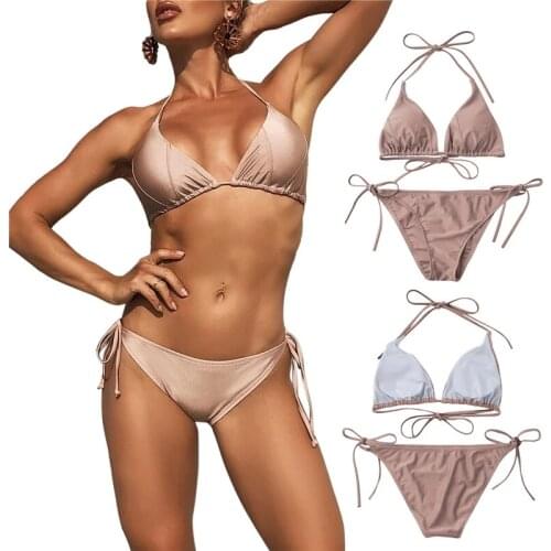2021 Fashion Trend Women Split Swimsuit Set Solid Color Backless Deep V-neck Bikini Lace Up Panties Swimwear for Summer
