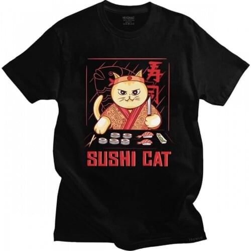 Funny Awesome Sushi Cat Chef Tshirt Men Short Sleeved Fashion Cartoon Fish Casual Graphic T-shirt Soft Cotton Slim Fit Tee Shirt
