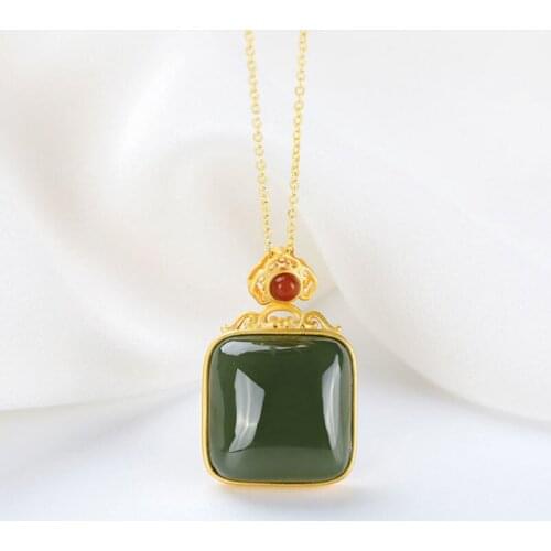Original S925 Sterling Silver Golden Hetian Jade Real Jade Pendant Real Silver Gift Temperament Ladies Clavicle Chain Set Chain