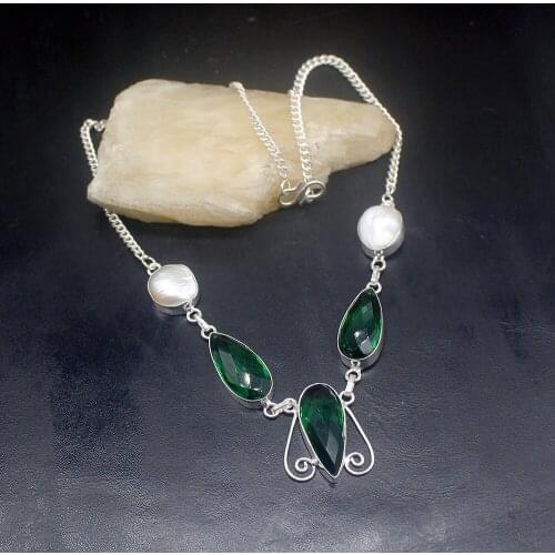 Gemstonefactory Jewelry Big Promotion 925 Silver Green Topaz Unique White Pearl Fantasy Women Chain Necklace 44cm 202101432