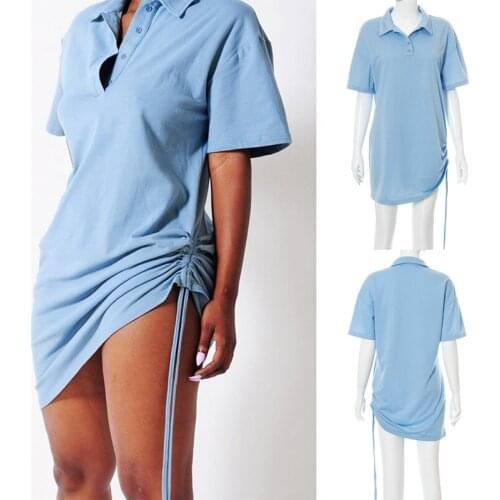 Oversized Drawstring Button Up T Shirt Dress Short Sleeve Streetwear Casual Turn Down Collar Dresses Ruched Slim