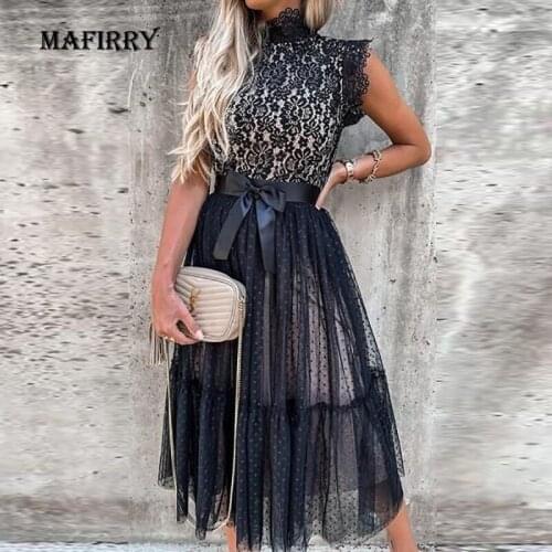 Sexy Summer Women Sleeveless Lace Patchwork Dress Print Off Shoulder Vintage Party Dress Lady Elegant Hollow Out Princess Dress