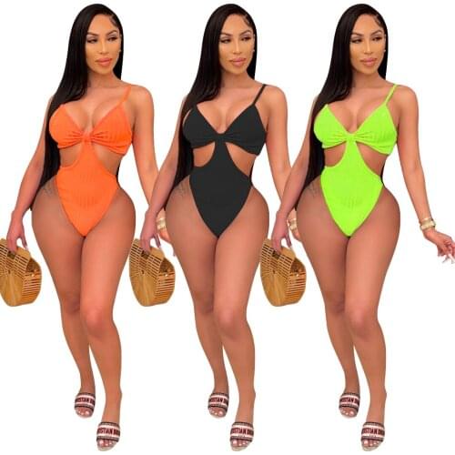 Sexy Bra Knitted One Piece Swimsuit Sleeveless Spaghetti Strap Bodysuit V Neck Cut out Swimwear Beach Wear Summer Clothing 2021