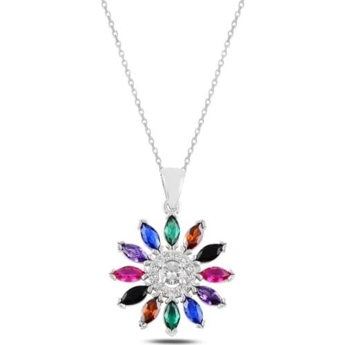 Silver 925 Sterling Daisy Colorful Zircon Stone Necklace