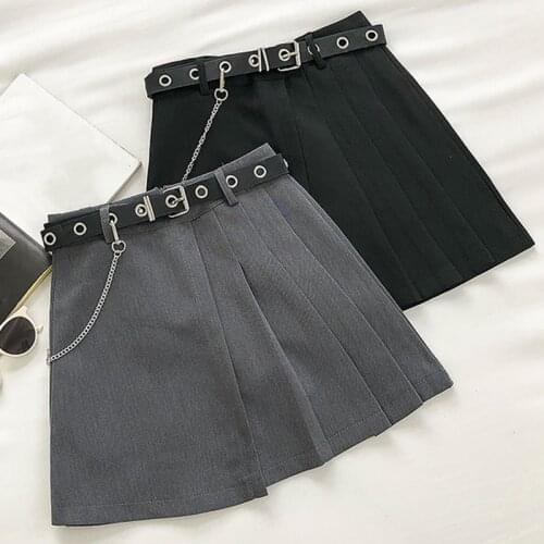 Punk Harajuku A-Line Skirt Solid Casual Women Korean Summer High Waist Mini Skirts Ladies Sweet Kawaii Pleated Skirts Chain