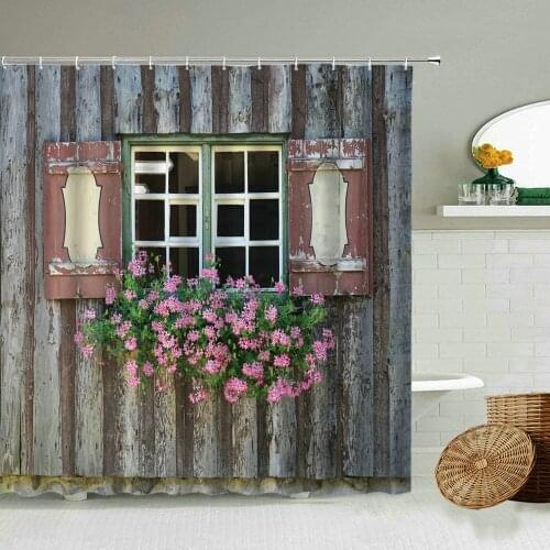 Country Flowers Window View Shower Curtain Retro Old Wooden Door Green Planting Rattan Scenery Bathroom Decor Waterproof Screen