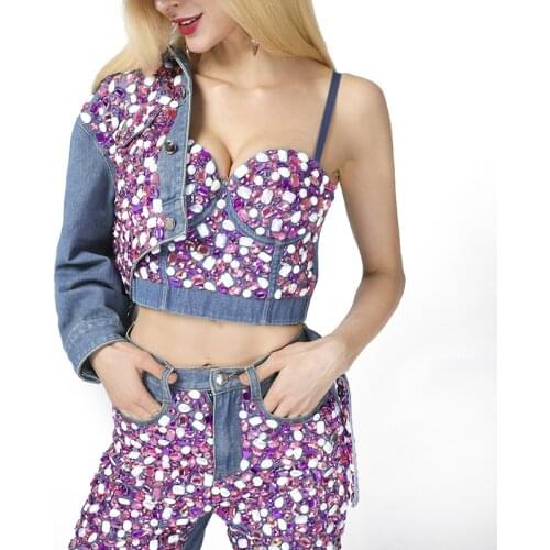 2021 New Women Denim V-neck Camisole Colorful Crystal Diamond Beaded Luxury Crop Top Bustier Bra Night Club Party Tank Tops Y766