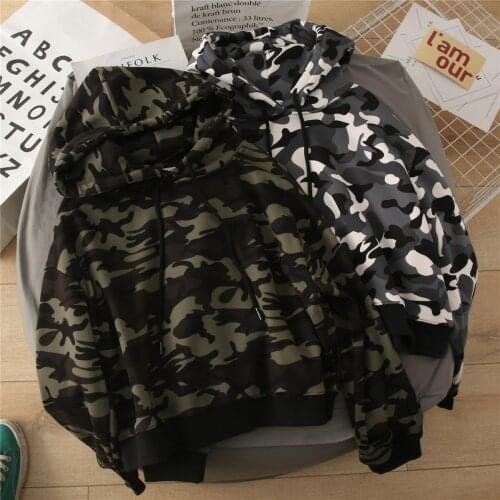 Autumn Winter Casual Camouflage Printing Short Sweatshirts Women Loose Pullover Cotton Hoodie Long Sleeve Plus Velvet Thick Coat