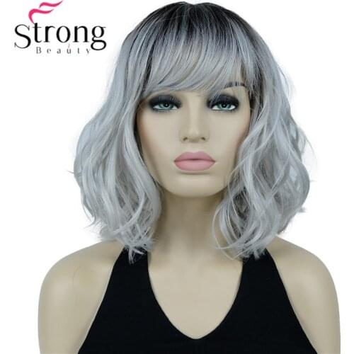 StrongBeauty Lady Women silvery Mix With Dark Root Medium Length Synthetic Hair Wig Ombre Wigs