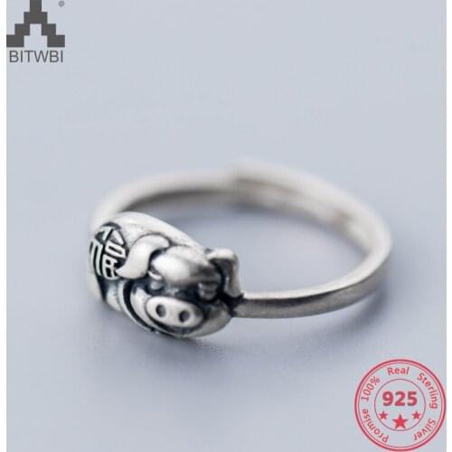 925 Sterling Silver Ring Korea Hot Style Thai Silver Simple Retro Vintage Pig Open Ring Jewelry for Women
