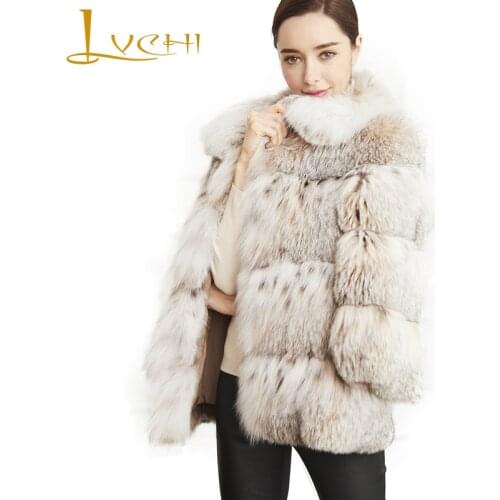 LVCHI Winter 2019 Mysterious Bobcats Fur Coats Womens Long Sleeve Wild Bobcats Slim Turn-Down Collar Differ level Bobcats Coats