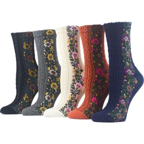 ZZIYEETTM 1 Pair Fashion Flower Print Women Nordic Stripe Flower Socks Girls Vintage Ethnic Floral Cotton Socks