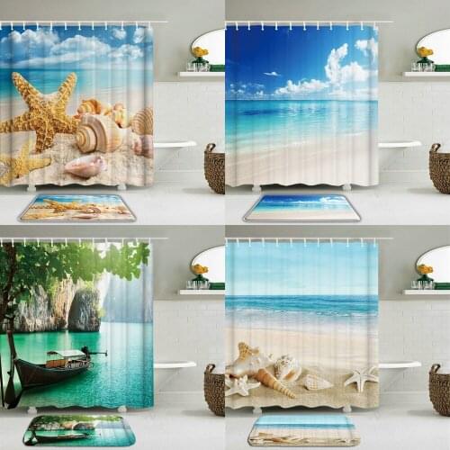 2pcs/set Sea Beach Shell Ocean Shower Curtains Set Bathroom Waterproof Polyester cloth + Non-slip Mat Toilet Bathroom Home Decor