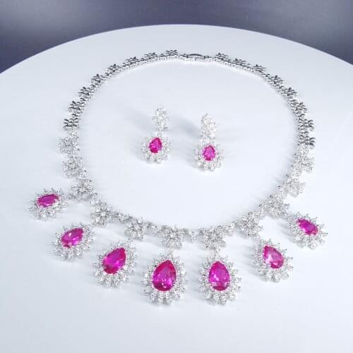 2020 new fashion luxury pink red water drop CZ zircon necklace earrings,wedding bride dinner party dress jewelry free shipping