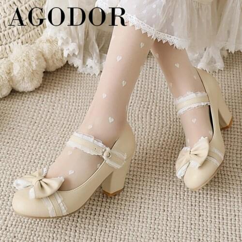 AGODOR Mary Janes Shoes Women High Heels Bow Chunky Heel Pumps Buckle Round Toe Dress Footwear Female Lolita Spring Pink Size 48
