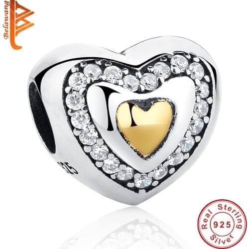Authentic 925-sterling-silver Gold-Color Heart Charm fit BW Bracelet With Cubic Zirconia Two-Tone Bead Jewelry Making