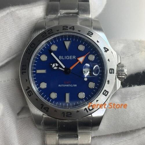 BLIGER New 43mm Mens Watch GMT Sterile Blue dial Automatic Date Sapphire Glass Oysert Bracelet Brushed Case Luminous Hands