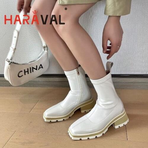 HARAVAL Women Ankle Boots Black White Round Toe Motorcycle Boots Spring Autumn Thick Heels Platform Stretch Fabric Boots E365L