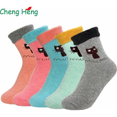 Cheng Heng 5 pairs/bag Hot New Womens Rabbit Wool Spring Winter Thick Warm Socks Soft Casual Fashion Bright Cat Pattern Sock