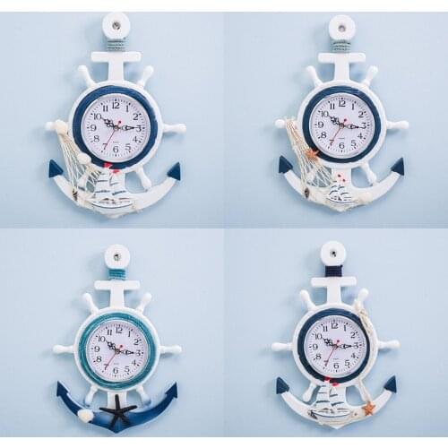 Mediterranean Style Wooden Blue White Wall Clock Rudder Helmsman Anchor Electronic Watch Nautical Clock Office Home Decoration