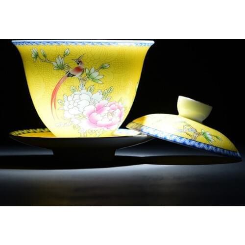 Enamel Flower Big Tea Bowl with Saucer Lid Kit Master Tea Tureen Ceramic Bird Gaiwan Porcelain Drinkware Gift Home Decor Crafts