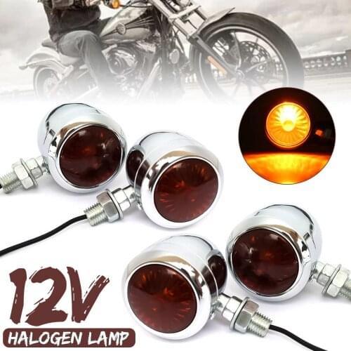 2/4Pcs 12V Retro Metal Chrome Motorcycle Turn Signal Indicator Halogen Light Bulb Lamp Vintage Amber Universal For Harley