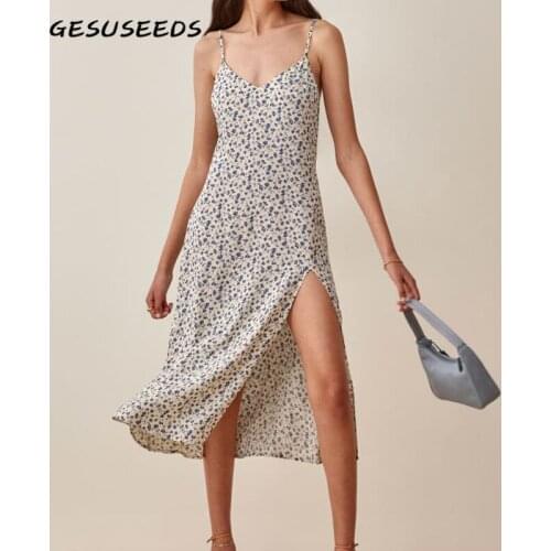 Summer Midi Dress 2021 Sexy V Neck Dresses Women Spaghetti Strap Dress Vintage Floral Dresses Party High Split Dress Female