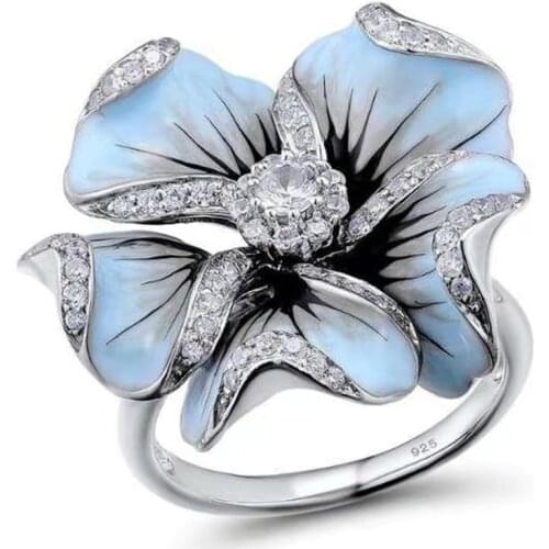 Milangirl Female Blue Big Flower Drop oil zircon ring Fashion Popular Wedding Rings for Women Party Wedding Rings