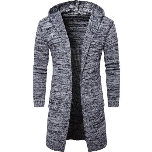 Blends Casual Men Solid Color Long Sleeve Pockets Thick Knitted Cardigan Hooded Coat