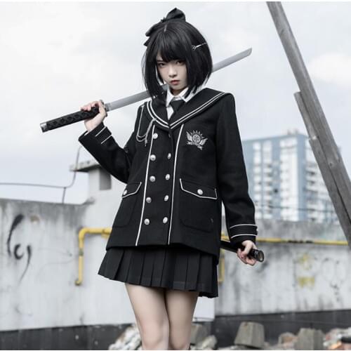 Night Eagle Original Design Cute Womens JK Winter Uniform Set: Wool Blend Thicken Coat Jacket + White Blouse & Pleated Skirt