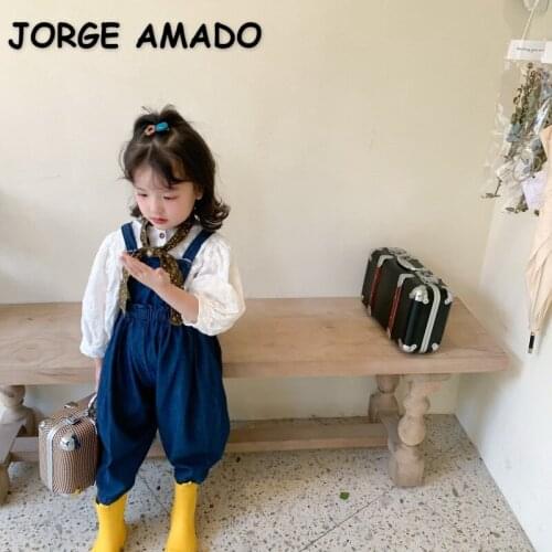 2021 New Spring Korean Style Baby Girl 2-pcs Sets White Long Shirts + Denim Overalls Kids Clothes E670