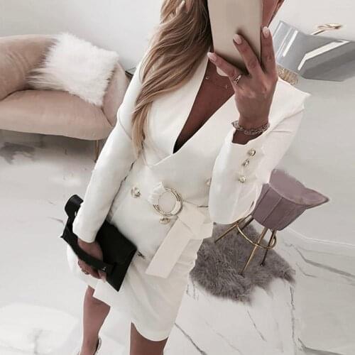 70% Hot Sell Office Lady Autumn Long Sleeve Deep V Neck Buttons Belt Slim Mini Formal Dress
