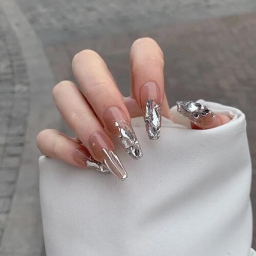 24pcs Nails Patch Glue Type Shiny Long Paragraph Fashion Removable Manicure Patch False Nails Save Time Nail Patch Dw