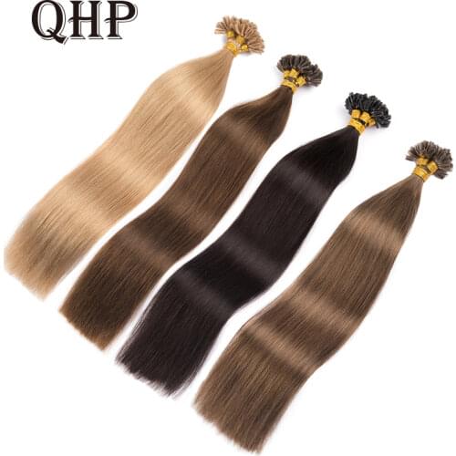 QHP Straight Human Fusion Hair Nail U Tip Machine Made Remy Human Hair Extensions 0.8g/pcs Muti-Color
