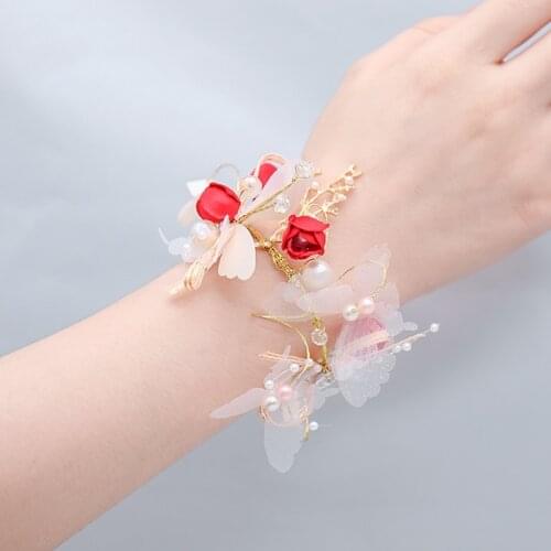 Bride Bridemaid Wrist Flowers Pearl Crystal Fabric Hand Flower Wedding Party Prom Ribbon Bracelets For Marriage Supplies