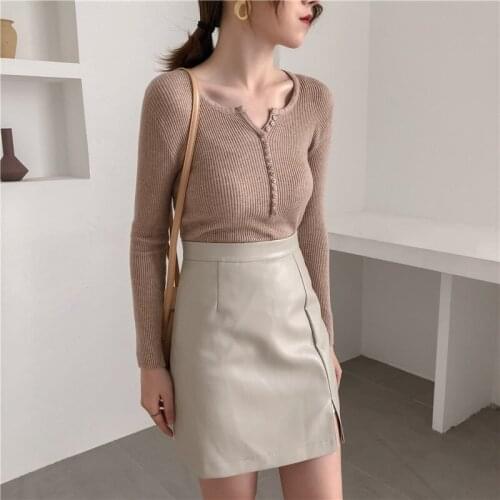 V-neck Single Breasted Sweater Women Autumn Skinny Elastic Full Sleeve Knitted Pullovers Feminino Soft Knitted Sweaters